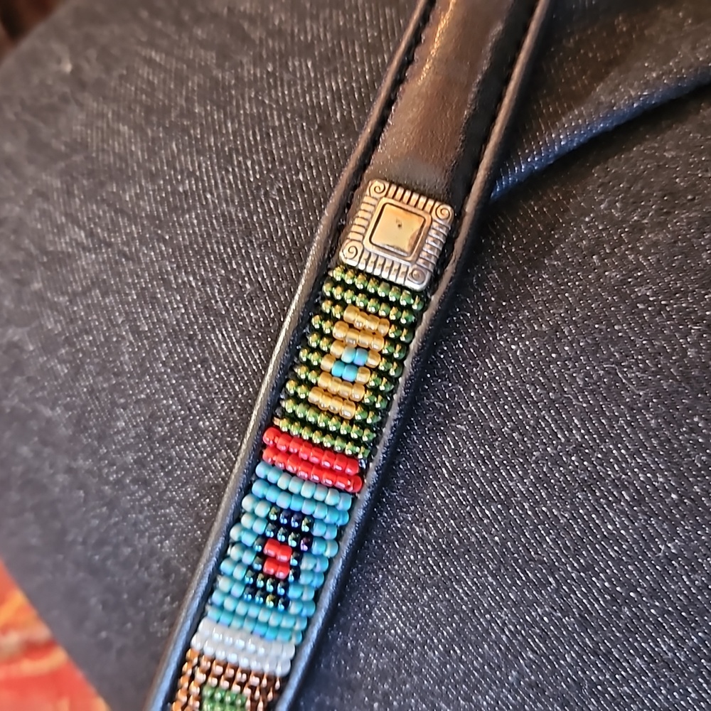 Brighton Black Leather Belt with Multicolor Beaded Accent.